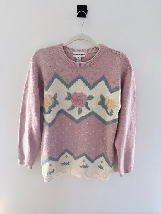 Alfred Dunner Sweaters - Vintage 1990s Alfred Dunner Pastel Pink Embroidered Rose Knit Sweater-Size M